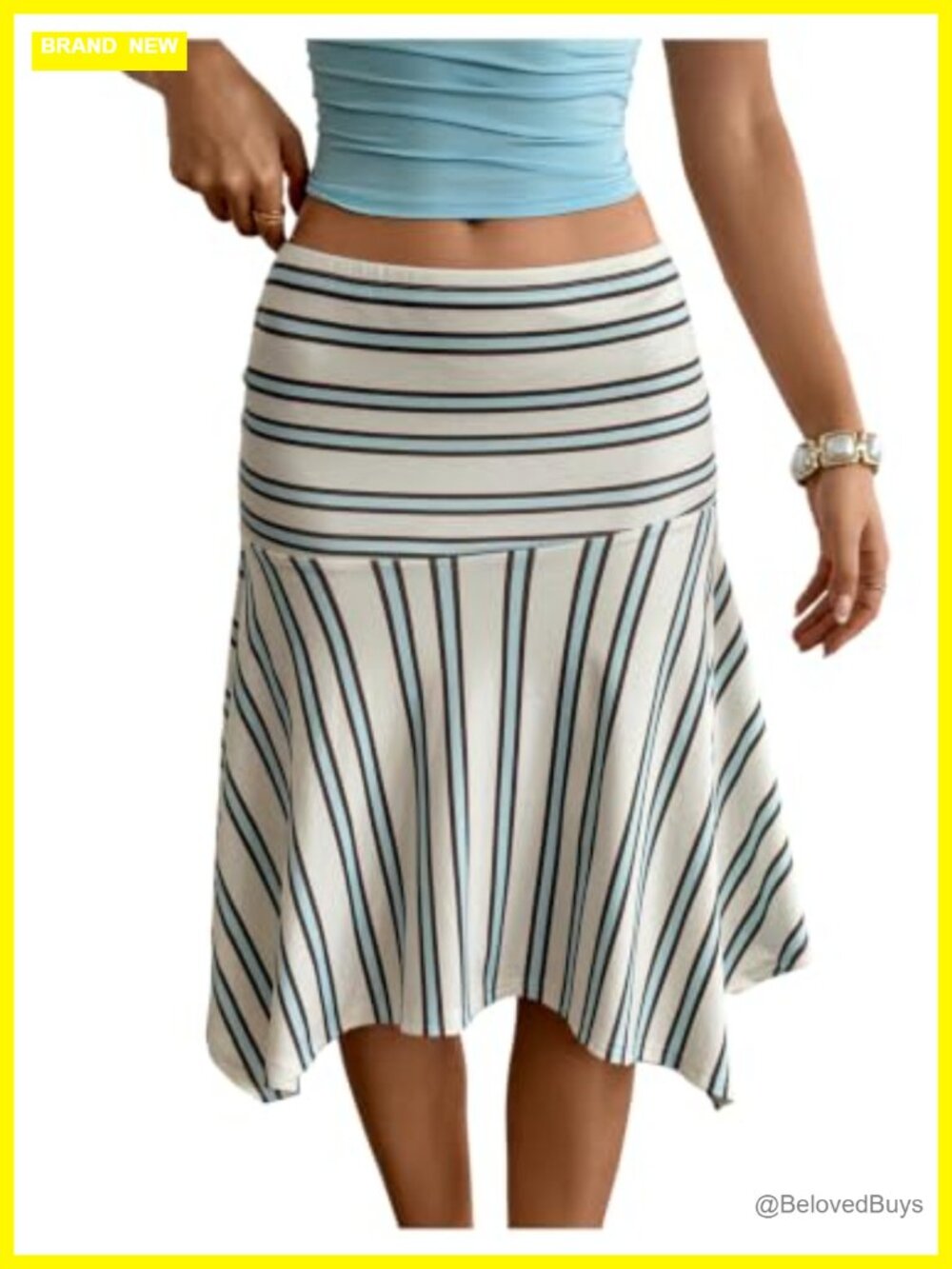 Striped Flowy Midi Skirt Low Rise Asymmetrical Handkerchief Hem
